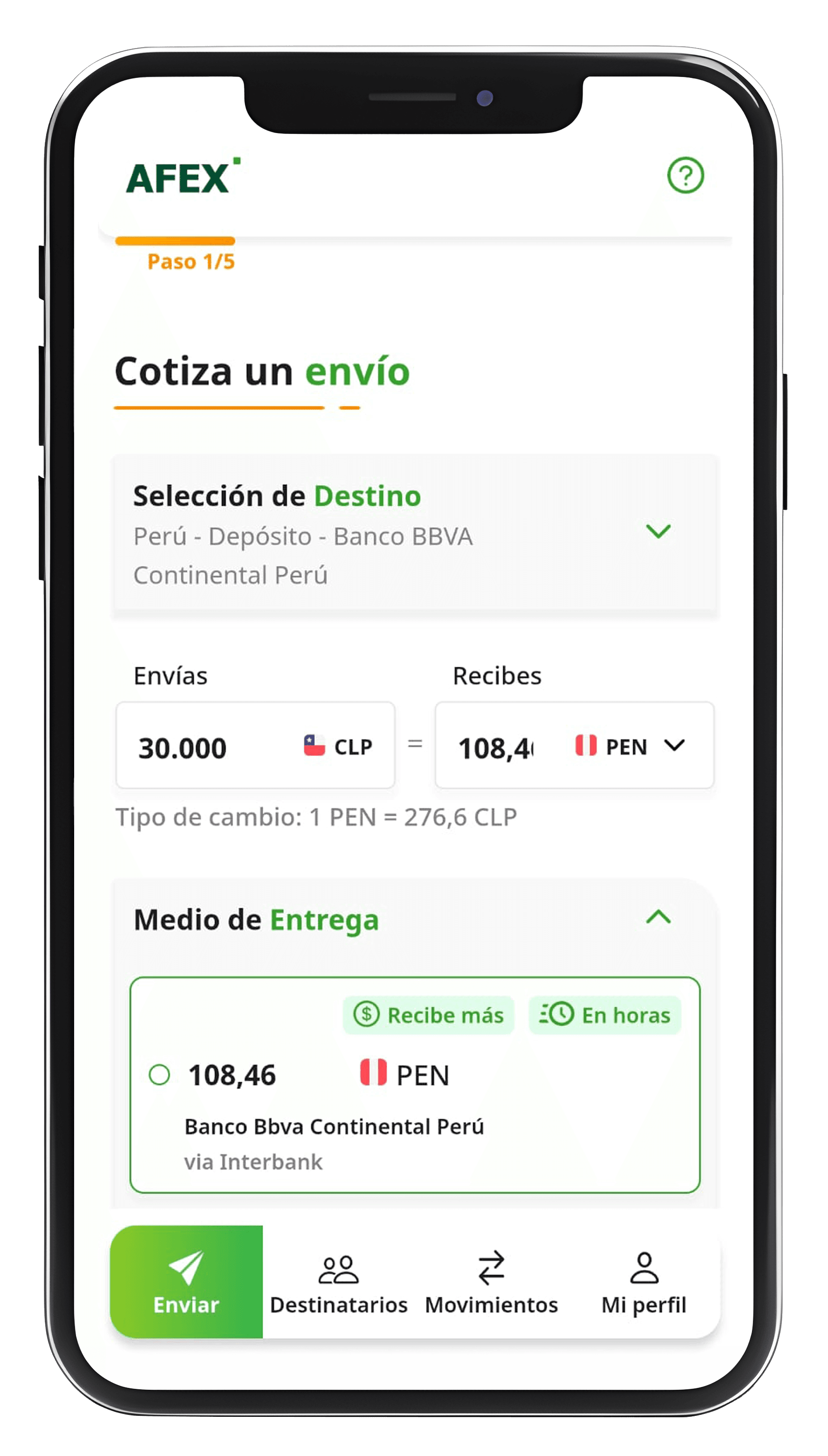 Pantalla de transferencia en la app Afex