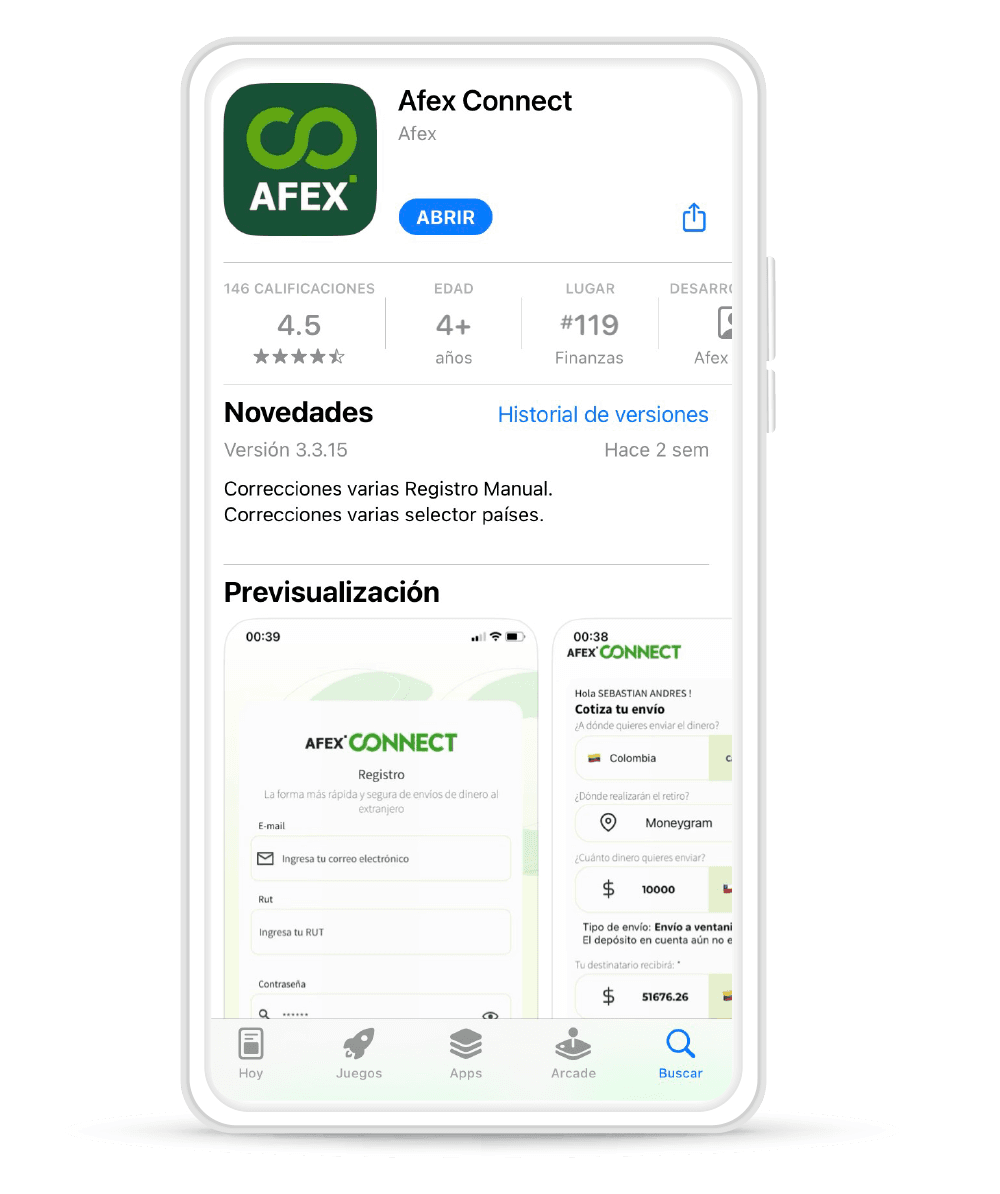 Celular con pantalla de descarga de la App Afex Connect