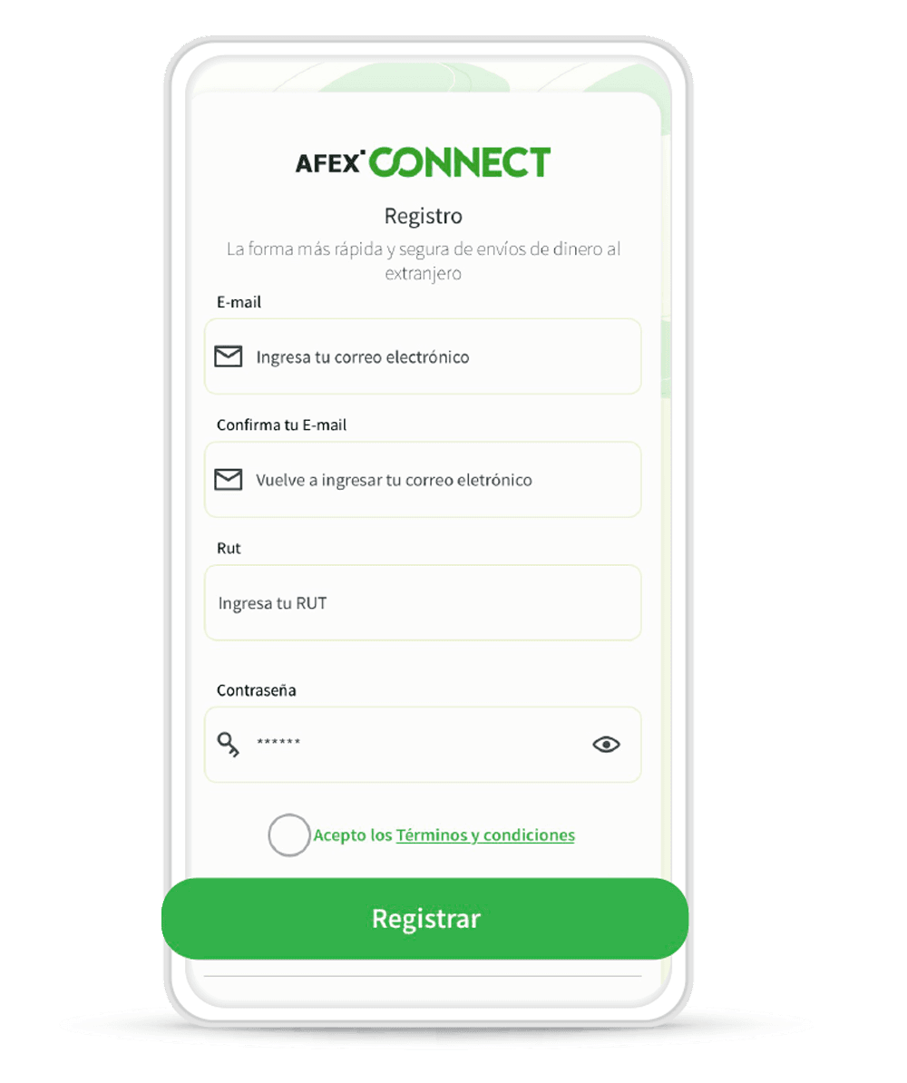 Celular con pantalla de registro en la App Afex Connect